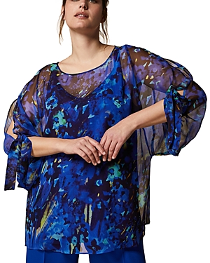 Shop Marina Rinaldi Printed Silk Georgette Tie Sleeve Blouse In Purple