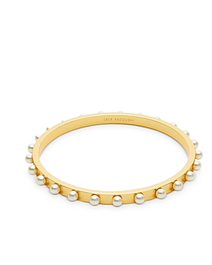Shop Lele Sadoughi Imitation Pearl Track Bangle Bracelet In 14k Gold Plated In White/gold