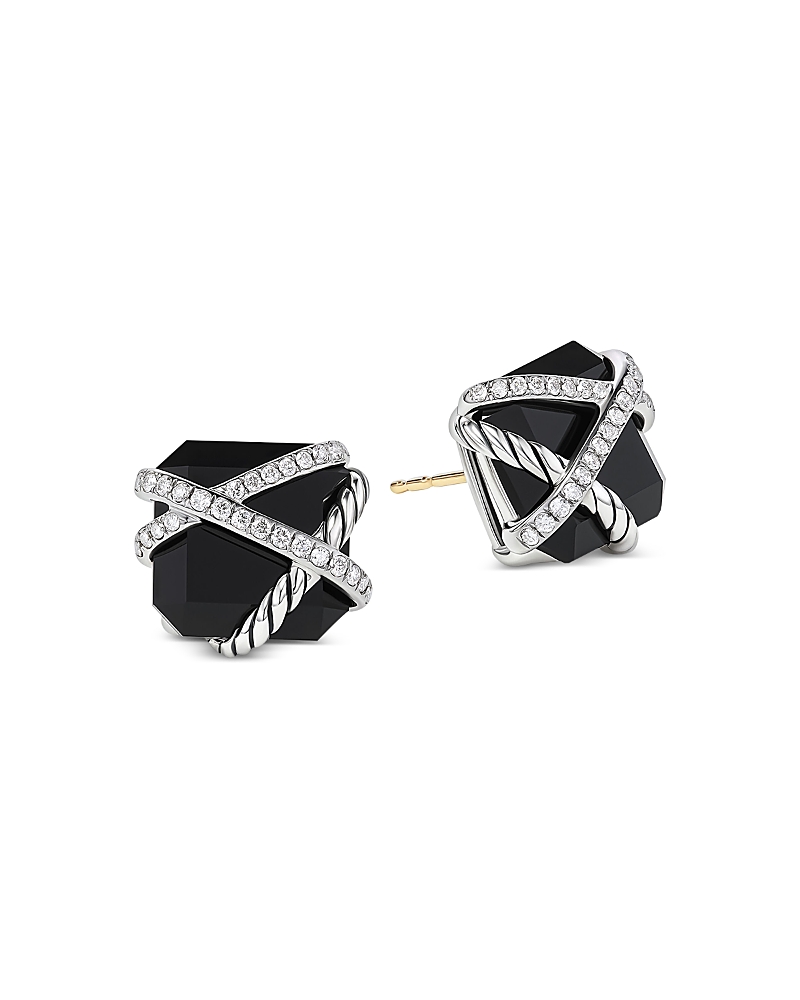 David Yurman Cable Wrap Stud Earrings in Sterling Silver with Black Onyx & Diamonds, 0.33 tcw