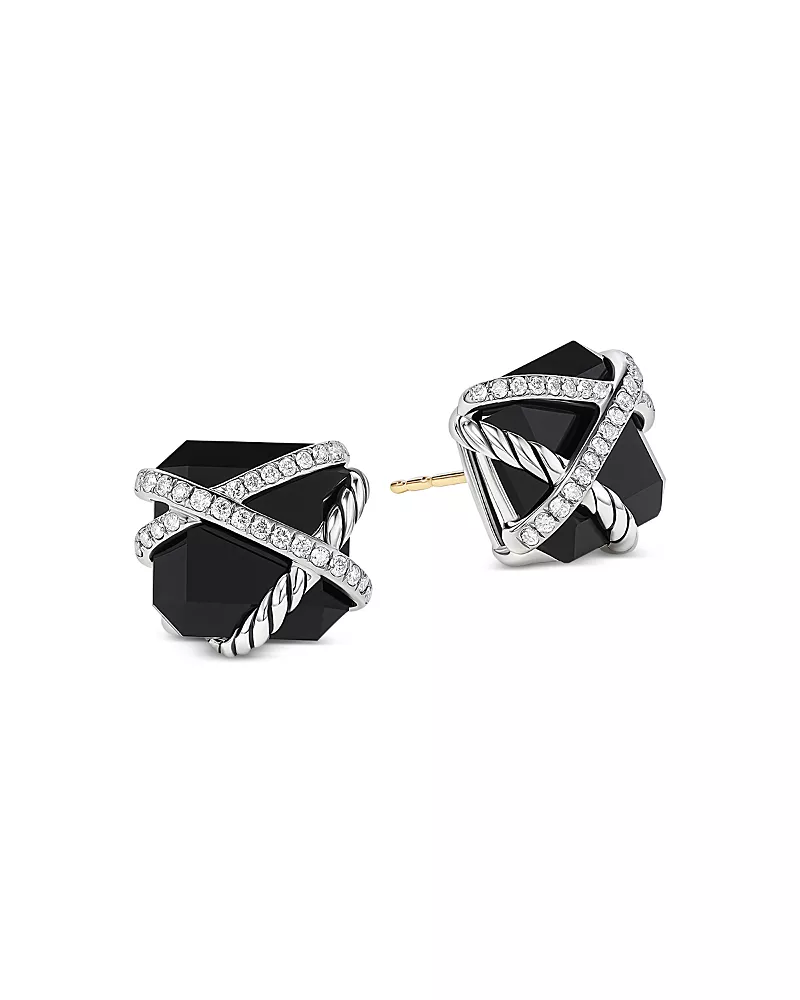 David Yurman Cable Wrap Stud Earrings in Sterling Silver with Black Onyx & Diamonds, 0.33 tcw