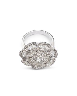 Diamond Round & Baguette Flower Ring in 14K White Gold, 1.50 tcw