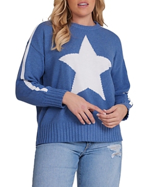 Shop Minnie Rose Cotton Star Crewneck Sweater In Harbour Blue / White