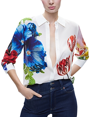 Shop Alice And Olivia Willa Floral Concealed Button Blouse In Le Parisi