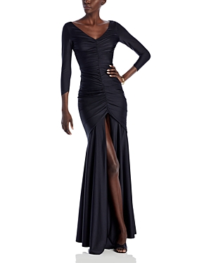 Shop Chiara Boni La Petite Robe Ruched Front Three Quarter Sleeve Gown In Black