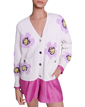 Maje Floral-intarsia Cable-knit Cardigan In Ecru