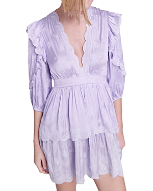 Maje Rilas Embroidered Ruffle Babydoll Minidress In Parma Violet