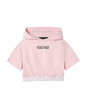 Shop Versace Girls' Logo Embroidered Cropped Short Sleeve Hoodie - Big Kid In Rose+black