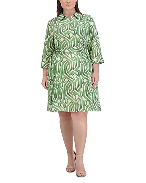 Shop Foxcroft Plus Fiona Watercolor Braid Print Shirtdress In Green Multi