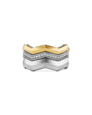 Stax Zig Zag Three Row Ring in Sterling Silver with 18K Yellow Gold and Diamonds, 11.7mm