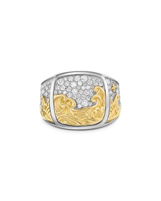 Men's Waves Signet Ring in Sterling Silver with 18K Yellow Gold and Diamonds, 18.8mm