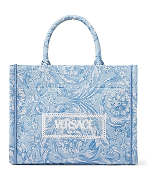 Shop Versace Athena Logo Jacquard Small Tote In Baby Blue