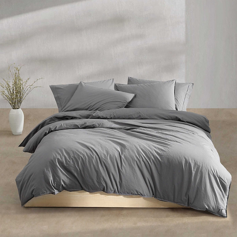 Calvin Klein Washed Percale Cotton Solid 3 Piece Comforter Set, Queen In Dark Grey