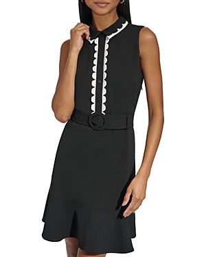 Shop Karl Lagerfeld Scallop Trim Belted A Line Mini Dress In Black/soft White