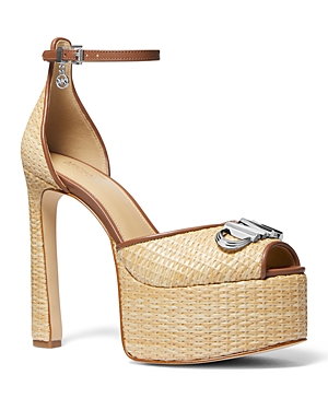 Shop Michael Kors Michael  Women's Martina Embellished Platform Sandals In Natural/luggage