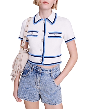 Shop Maje Mirsala Short Sleeve Cropped Cardigan In Ecru