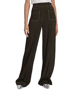 Reiss Khaki Contrast Stitch Wide Leg Trousers In Khaki