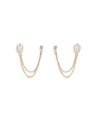 Ettika - Double Post Cultured Freshwater Pearl and Crystal Draped Chain Earrings
