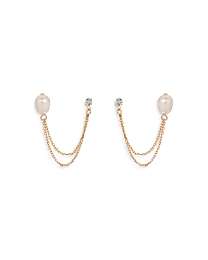 Double Post Pearl and Crystal Draped Chain Earrings