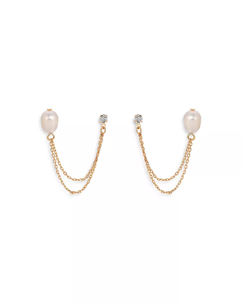 Ettika Double Post Pearl and Crystal Draped Chain Earrings