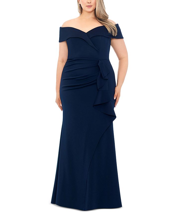 Xscape OfftheShoulder Ruffled Scuba Gown Bloomingdale's