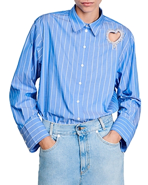 Shop Sandro Lovely Long Sleeve Heart Cutout Shirt In Sky Blue
