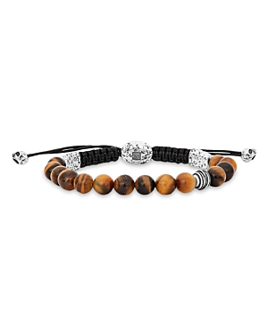 John Varvatos Men's Sterling Silver Wrap Tiger Eye Beaded Adjustable Cord Bracelet In Brown