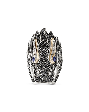 14K Yellow Gold & Silver Naga Diamond, Black Sapphire, Blue Sapphire, & Black Spinel Dragon Ring
