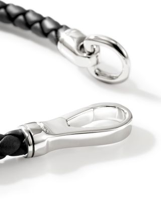 Men&#39;s Silver Woven Leather Hook Clasp Bracelet