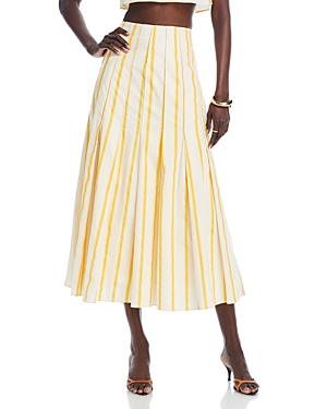 English Factory Pleated Cotton Midi Skirt In Yellow/ivory