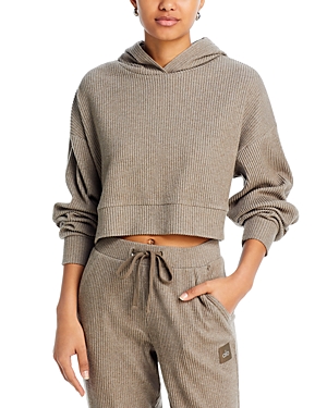 Shop Alo Yoga Muse Rib-knit Hooded Sweatshirt In Olive Tree