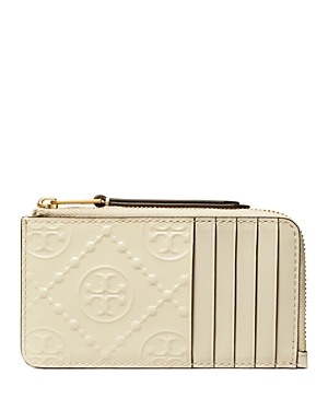 Shop Tory Burch T Monogram Patent Embossed Leather Zip Card Case In Light Cream/gold