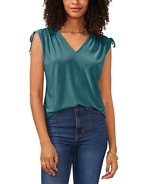 Shop Vince Camuto V Neck Shirred Shoulder Top In Deep Alpine