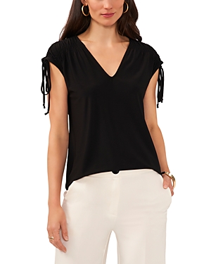 Shop Vince Camuto V Neck Shirred Shoulder Top In Rich Black