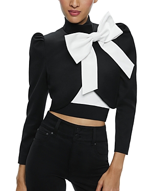 Shop Alice And Olivia Addison Bow Cropped Top In Black/off White