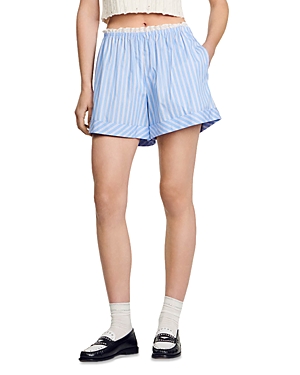 Shop Sandro Lace Trim Striped Shorts In Blue White