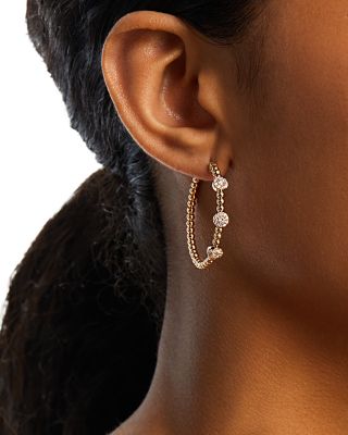 Diamond Beaded Medium Hoop Earrings in 14K Yellow Gold, 0.55 tcw