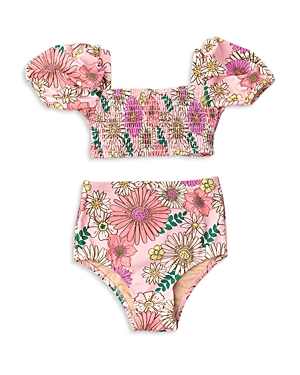 Shade Critters Girls' Retro Blossom Smocked High Waist Two Piece Swimsuit - Little Kid, Big Kid