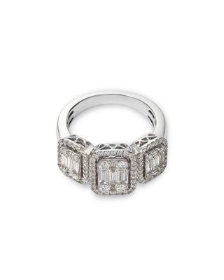 Diamond Three Stone Halo Ring in 14K White Gold, 1.20 tcw