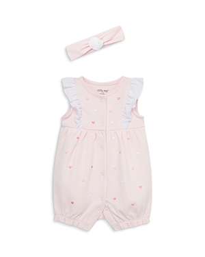 Shop Little Me Girls' Hearts Cotton Romper With Headband - Baby In Pink