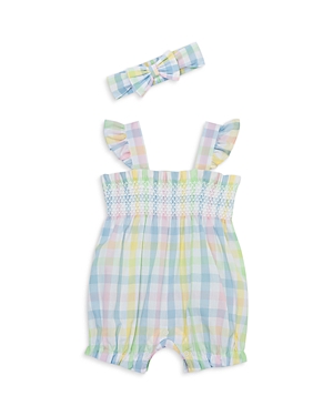 Little Me Girls' Cotton Check Bubble Romper With Headband - Baby In Multi