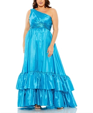 Mac Duggal One Shoulder Asymmetrical Ruffle Hem Gown In Turquoise