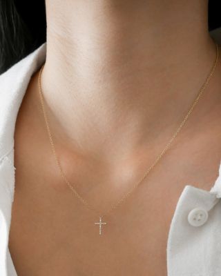 14K Yellow Gold Diamond Cross Necklace, 18"