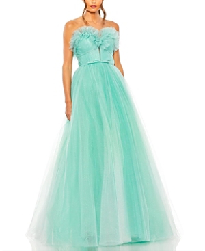 Mac Duggal Strapless Glitter Tulle Gown In Aqua Ombre