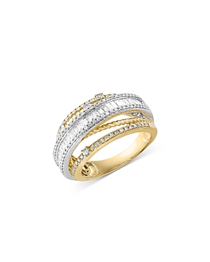 Diamond Round & Baguette Crossover Ring in 14K White & Yellow Gold, 0.90 ct. t.w.