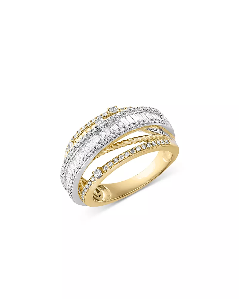 Bloomingdale's Fine Collection Diamond Round & Baguette Crossover Ring in 14K White & Yellow Gold, 0.90 tcw