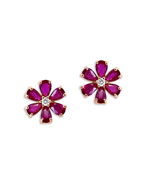 Bloomingdale's Ruby & Diamond Flower Stud Earrings In 14k Rose Gold In Pink/rose Gold