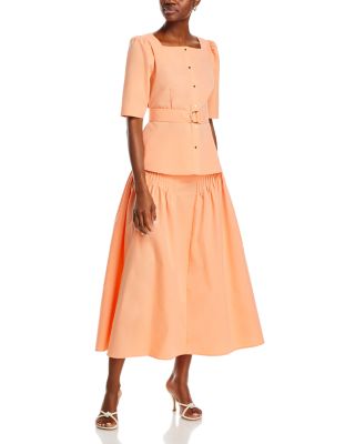 Misook - Square Neck Tie Waist Tea Blouse & A Line Midi Skirt