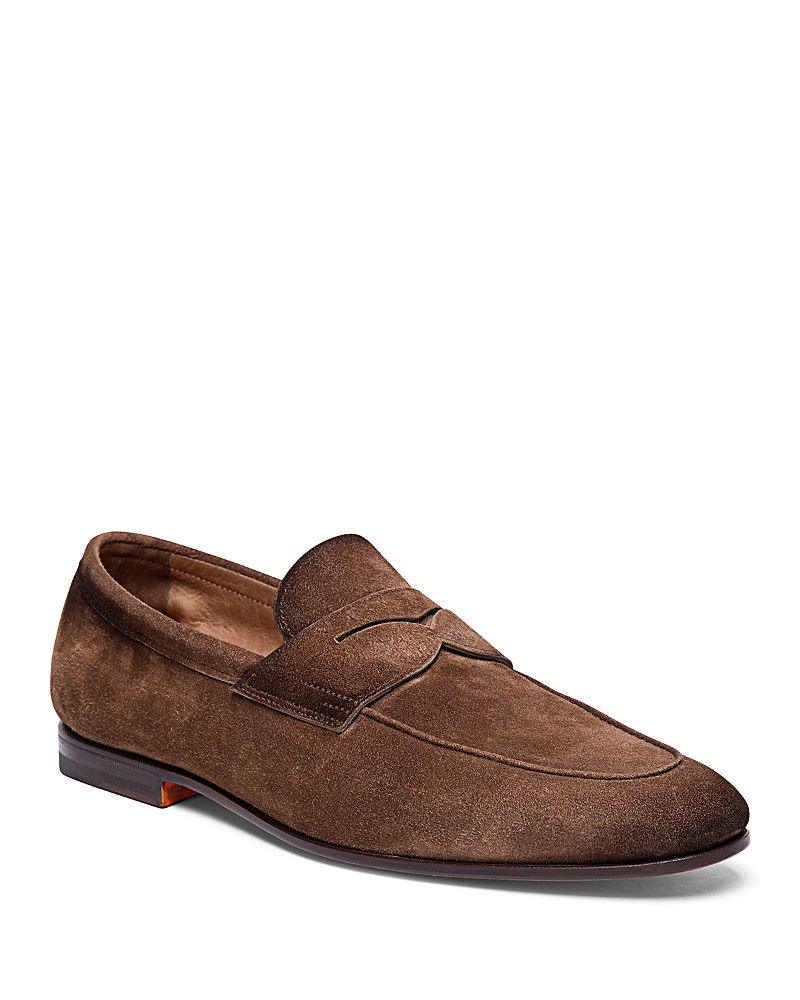 Santoni Suede Carlos Penny Loafers In Medium Brown