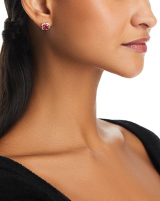 Ruby & Diamond Flower Halo Stud Earrings in 14K Yellow Gold