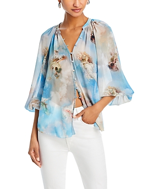 Shop L Agence L'agence Teagan Printed Blouson Sleeve Blouse In Light Blue Multi